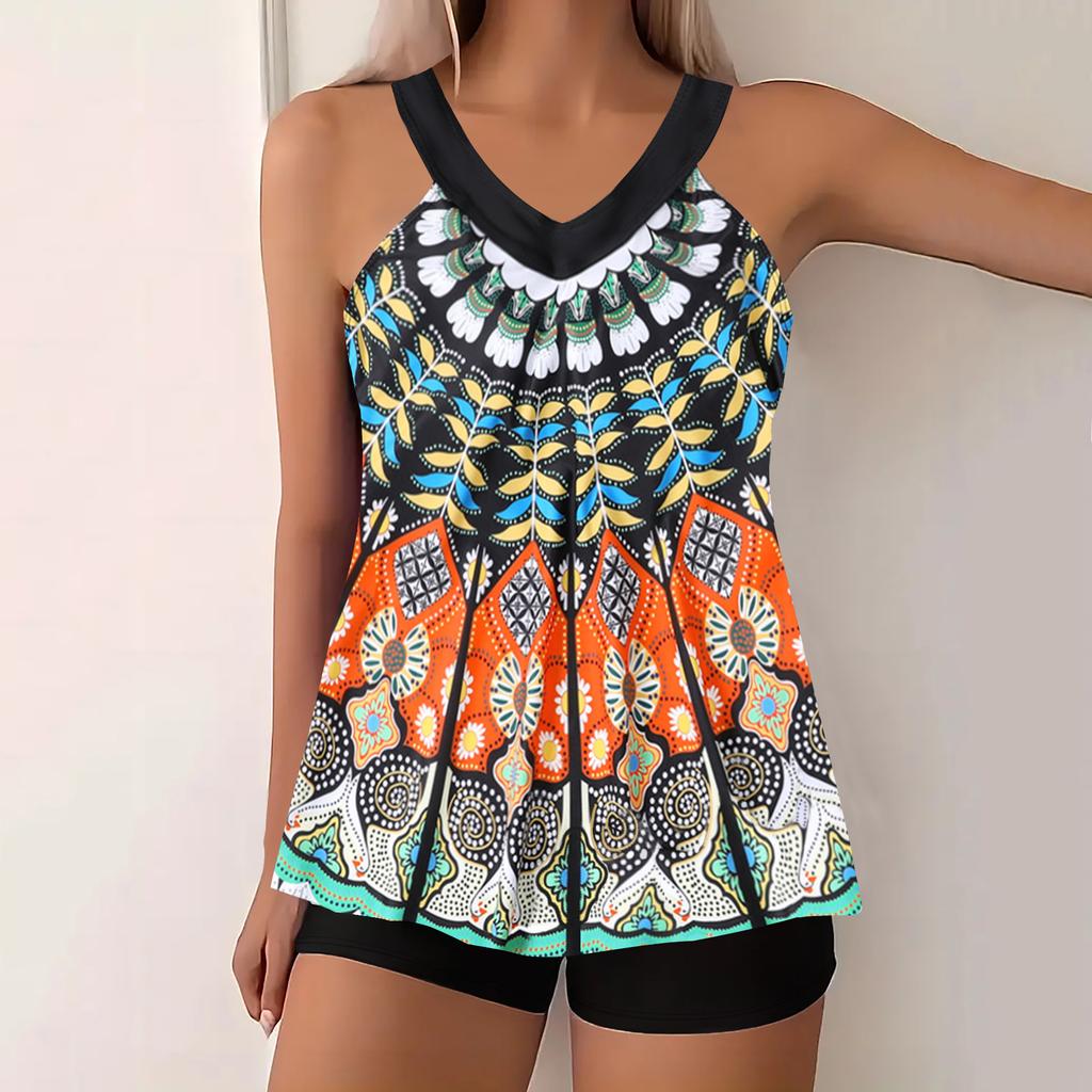 Women's Swimwear Tankini 2 Piece Swimsuit Green Pattern Print Vacation Bathing Suits