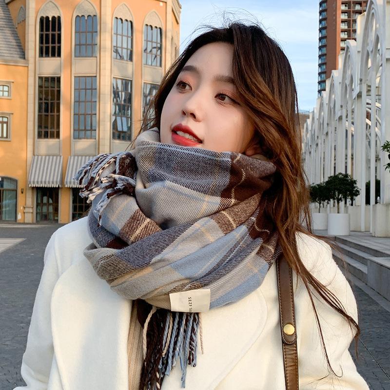 Plaid Scarf Women's Autumn and Winter Ins Girl Korean Version Versatile Thickened and Lengthened Imitation Cashmere Shawl Warm Student Scarf