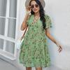 Spring Print Women Short Sleeve V Neck Floral Summer Chiffon Dress