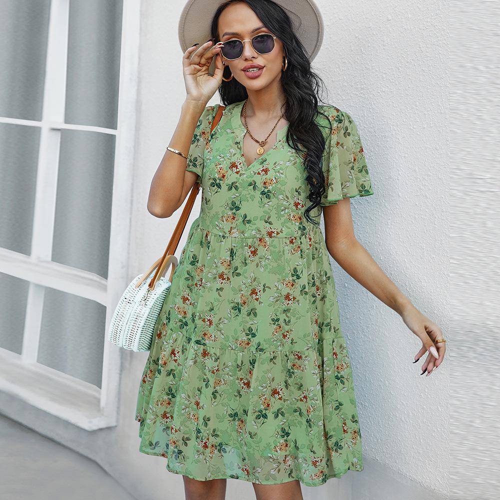 Spring Print Women Short Sleeve V Neck Floral Summer Chiffon Dress