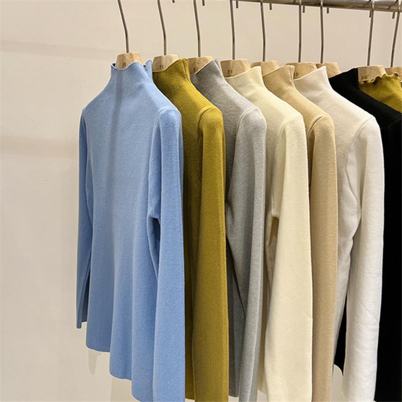 Осенне-зимняя женская нижняя рубашка, однотонный свитер, тонкая блузка с длинными рукавами, трикотаж с полувысоким воротником