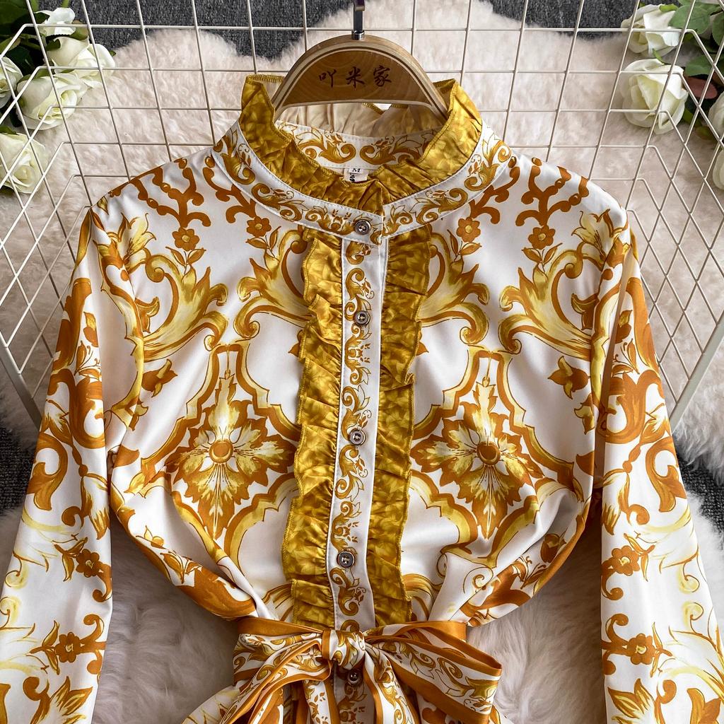 Весна-Осень, желтый, красный, синий и белый фарфоровый халат с принтом, женские вечерние платья с расклешенными рукавами и поясом на шнуровке