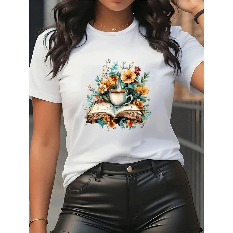 Women's Floral Book Tea Print T-Shirt Round Neck Short Sleeve Soft Stretch Black White Gray Red Polyester-Spandex Machine Washable Casual