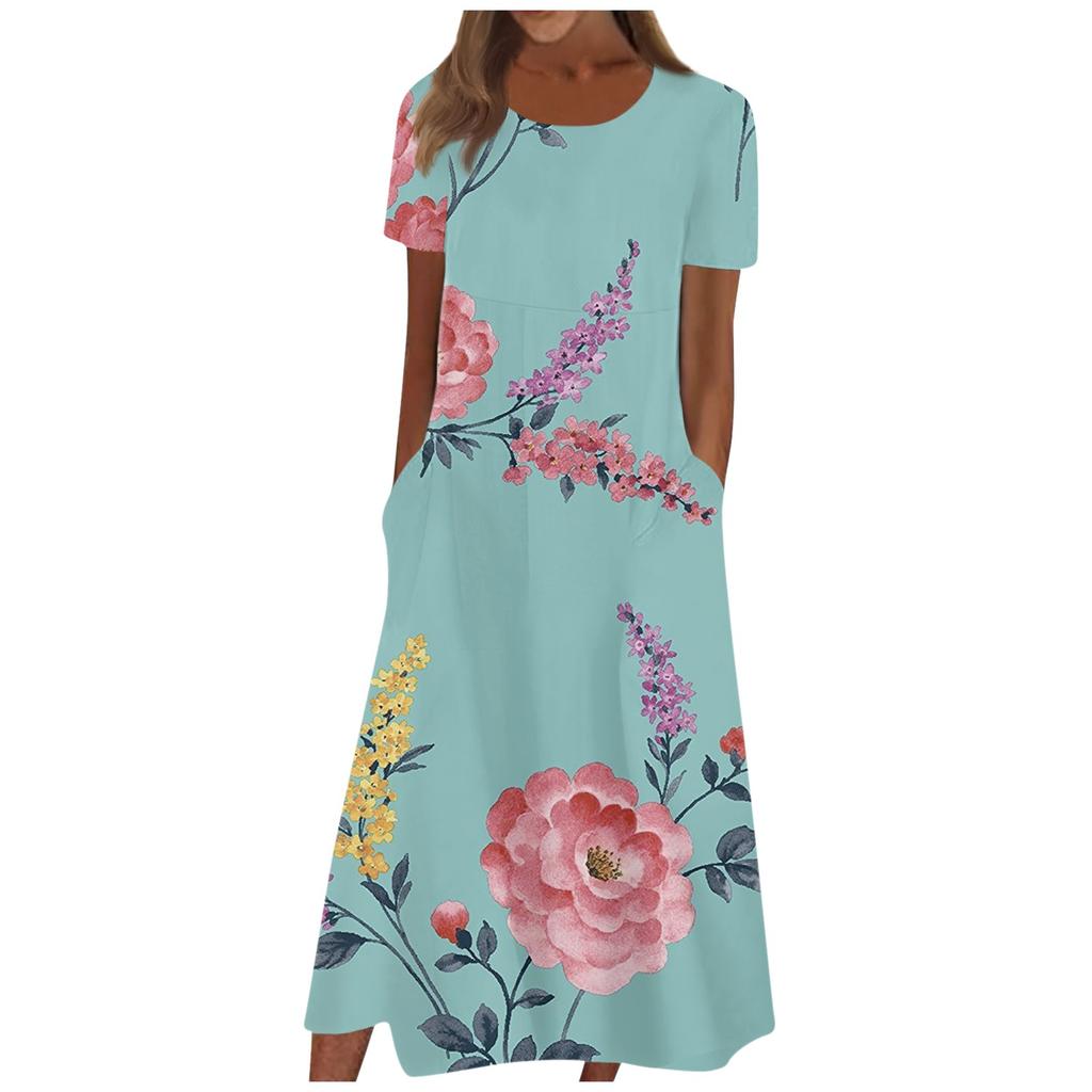 Women's Summer Casual Fashion Floral Print Short Sleeve Round Neck Pocket Dress
