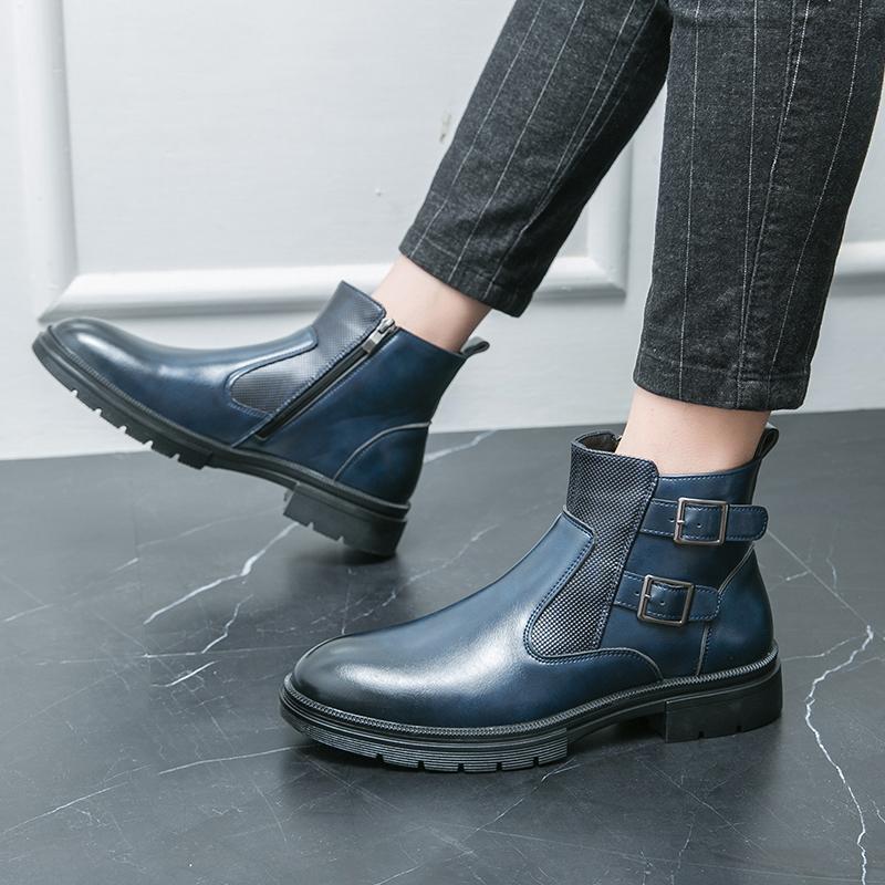 Модные высококачественные модные мужские высокие ботинки с боковой молнией в осеннем британском стиле с двойной пряжкой, удобные кожаные короткие ботинки