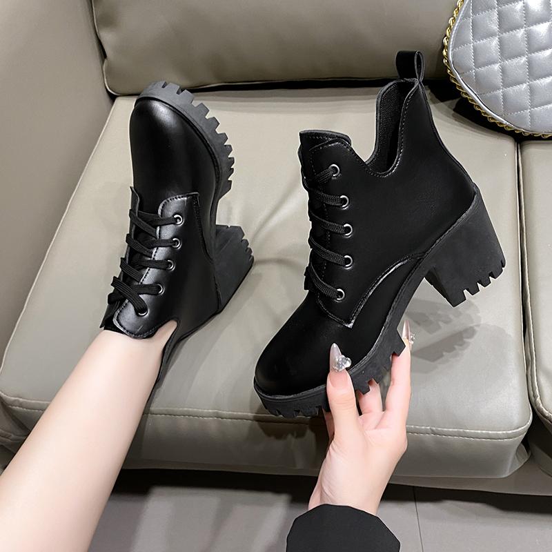 Fashion Single Boots Women's Autumn and Winter New Round Toe Front Lace-up Platform Non-Slip High Heel Short Shoes