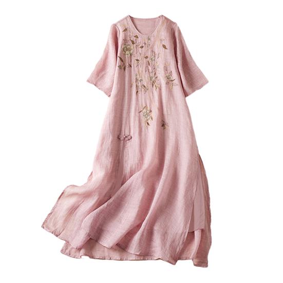 Женское хлопковое льняное платье макси с цветочной вышивкой, летнее струящееся платье с круглым вырезом и короткими рукавами, повседневный сарафан в стиле бохо