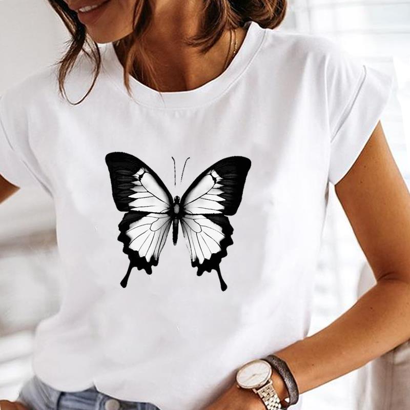 (Азиатский размер) Футболка в акварельном стиле, тренд с бабочкой, милая одежда, модная футболка, повседневная женская футболка с коротким рукавом и принтом, женская футболка с рисунком