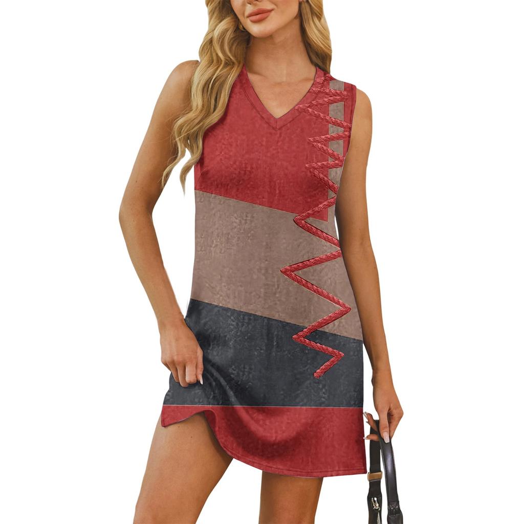 Женский летний повседневный сарафан без рукавов с V-образным вырезом для пляжного отдыха в стиле пэчворк с цветными блоками