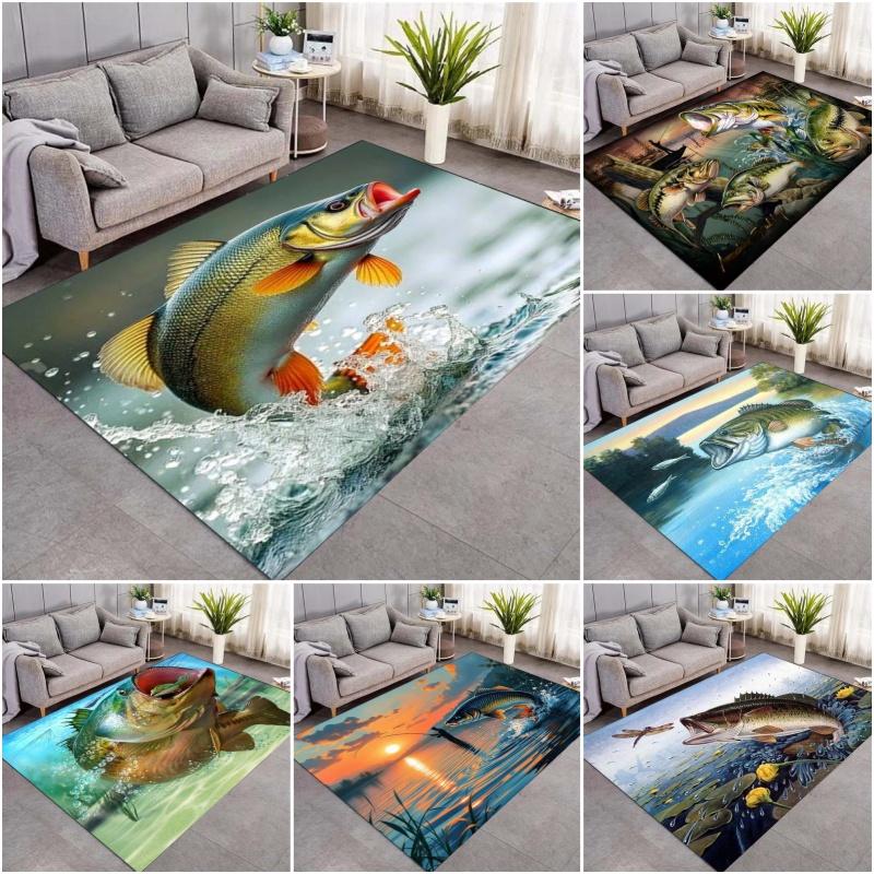Jumping Freshwater Fish Water Splash Print Area Rug Aquatic Animal Non‑Slip Rectangular Floor Mat Living Bedroom Home Decor Rug