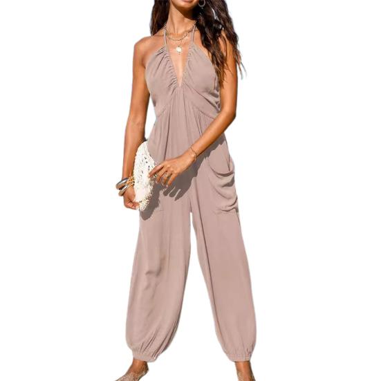 Женский комбинезон макси с плиссировкой, глубоким V-образным вырезом, цельный, длинные брюки для бега с карманами, повседневный пляжный комбинезон без рукавов