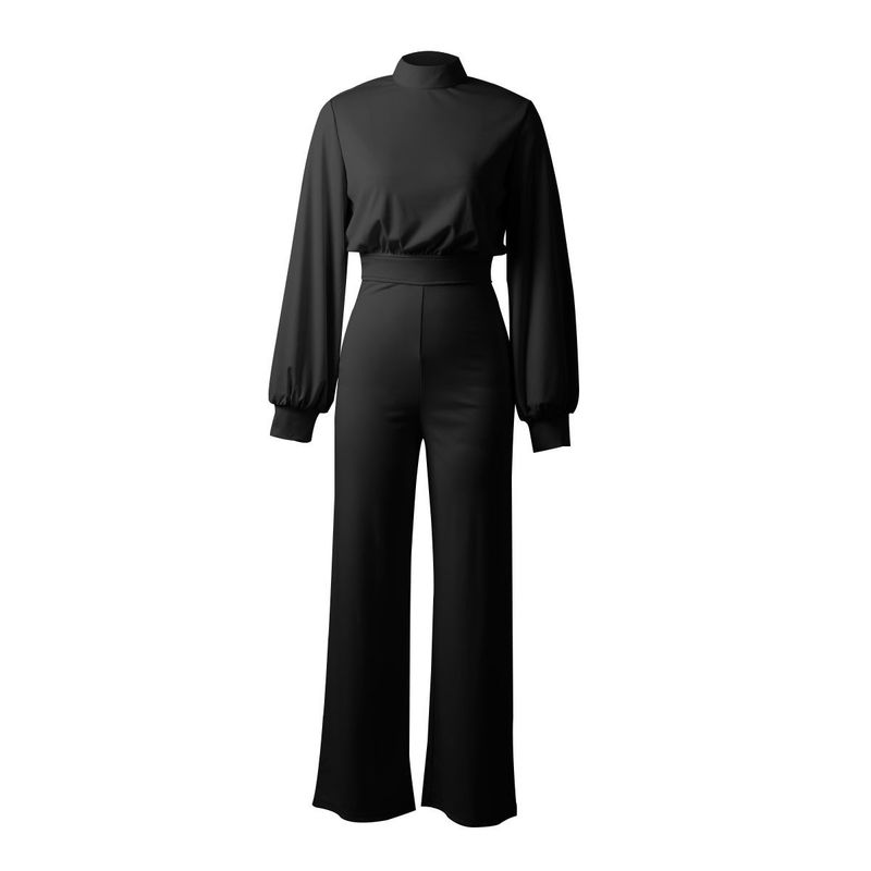 American Spring and Autumn Cross-Border Women's Fashion Sexy Wide-Leg Pants Summer Women's Solid Color High-Neck Backless Long-Sleeve Casual Jumpsuit