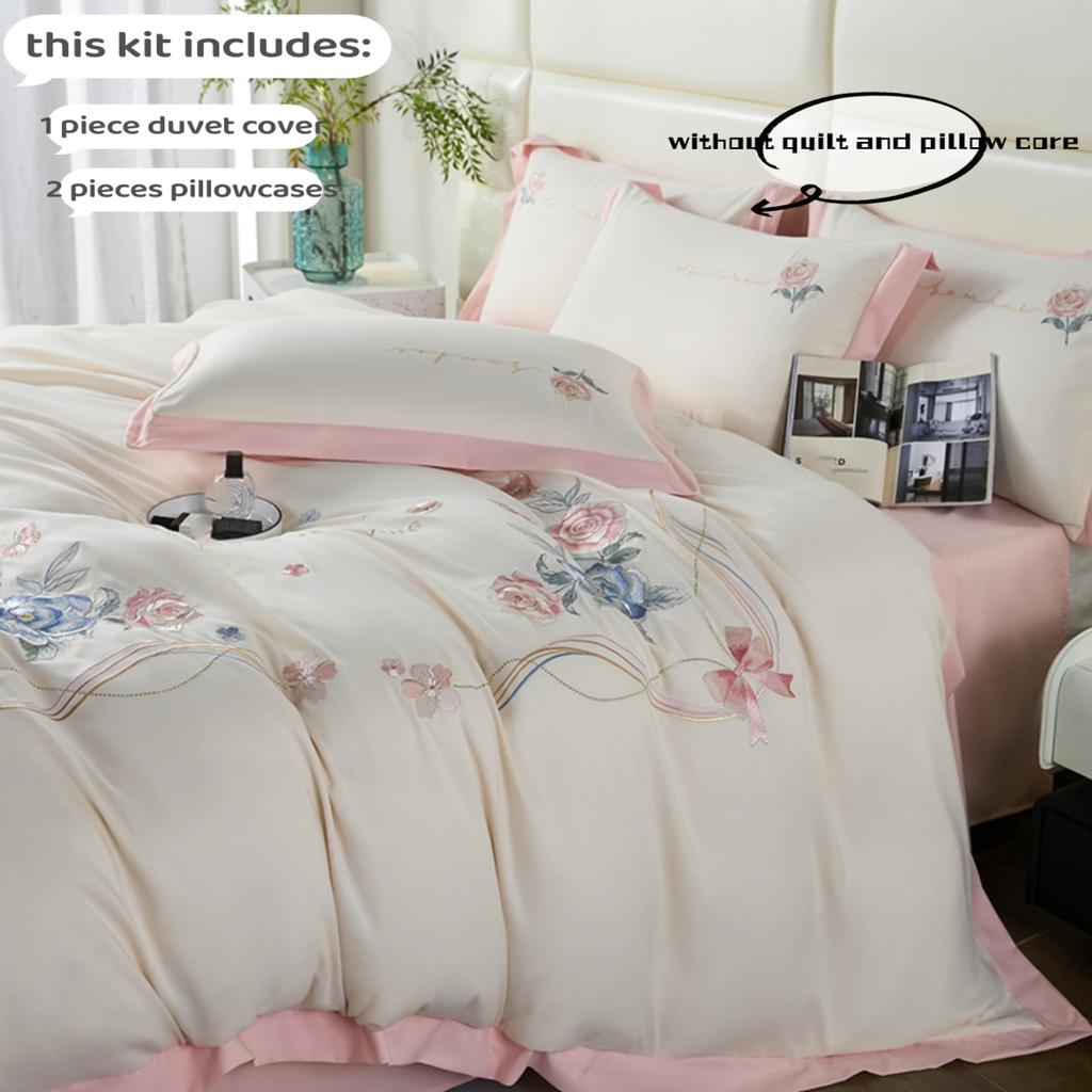 Комплект пододеяльников из полиэстера, 3 шт. (1*Пододеяльник + 2*Наволочки, без сердцевины), Элегантный постельный комплект с вышивкой в виде цветов