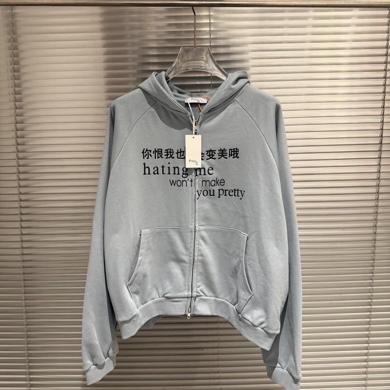 Unisex Oversized Distressed Letter Print Zip-Up Hoodie Casual Cotton Sweatshirt Fall