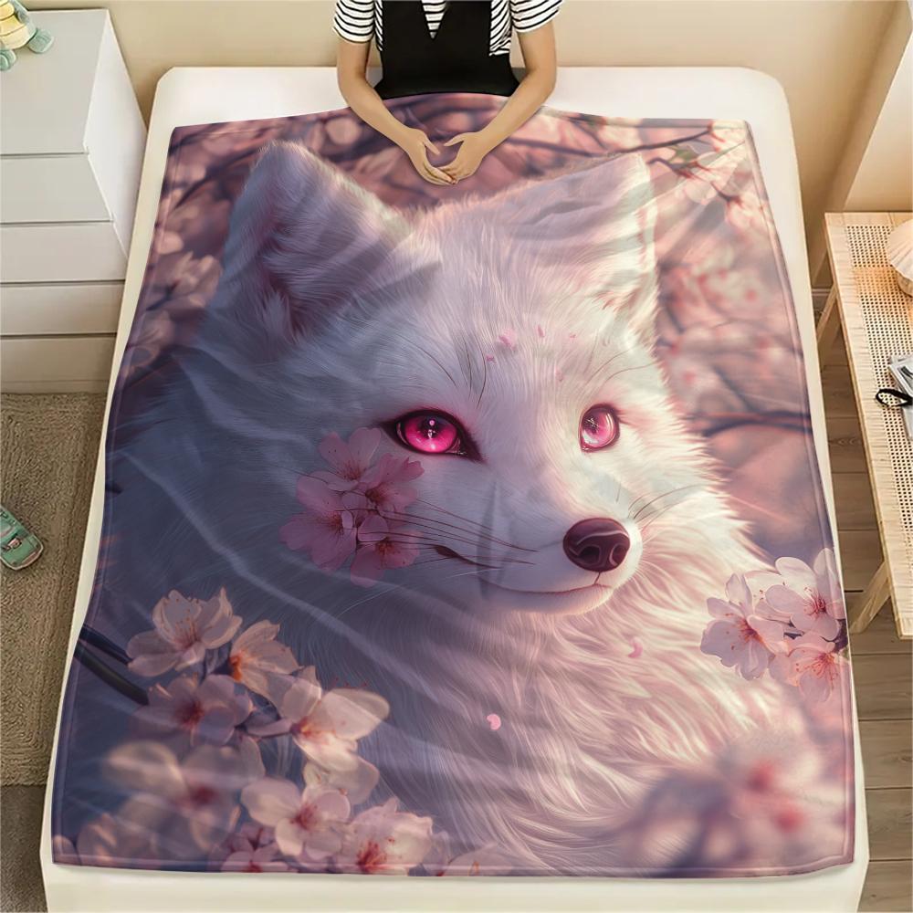 White Fox pattern Flannel Blanket, High quality Comfortable for All Seasons, Home Decor, Warmth and Comfort, Perfect for Gifts.