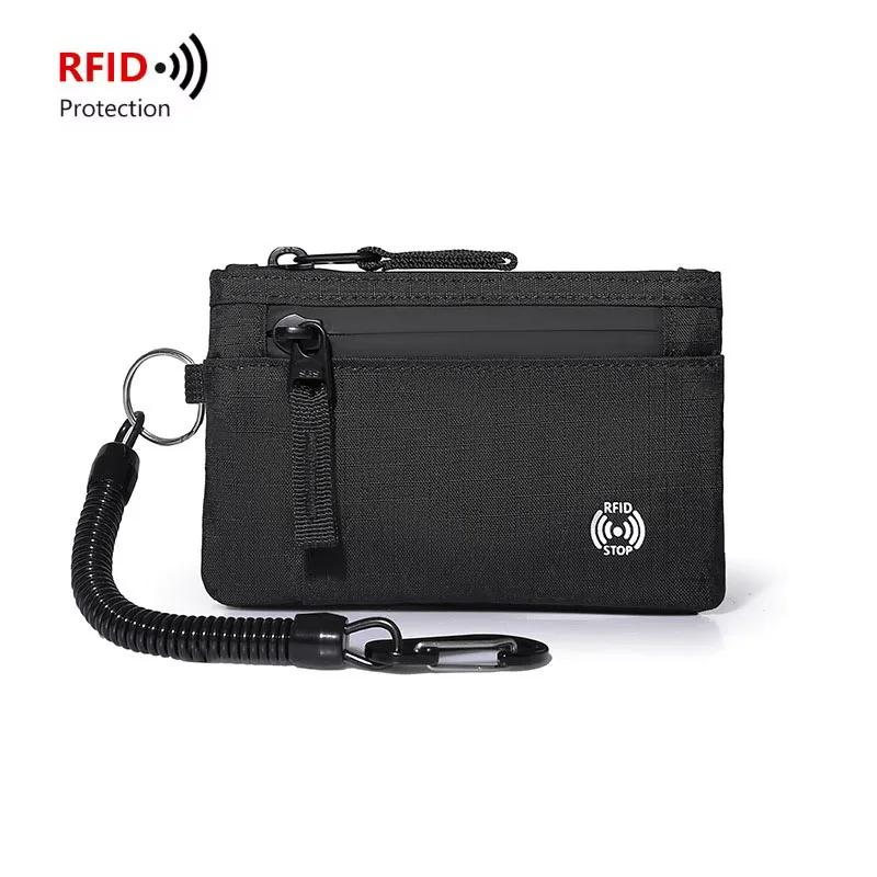 Мужские кошельки RFID-держатель для кредитных карт Роскошный нейлоновый тонкий кошелек Чехол на молнии для ключей и карт Мужской тактический кошелек Кошелек для монет с карабином