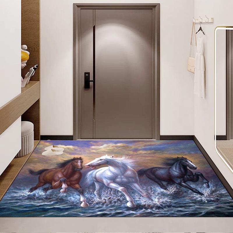 Three Running Horses Sea Wave Oil Painting Print Area Rug Wildlife Non Slip Rectangular Floor Mat Horse Lover Gaming Room Living Bedroom Decor Rug