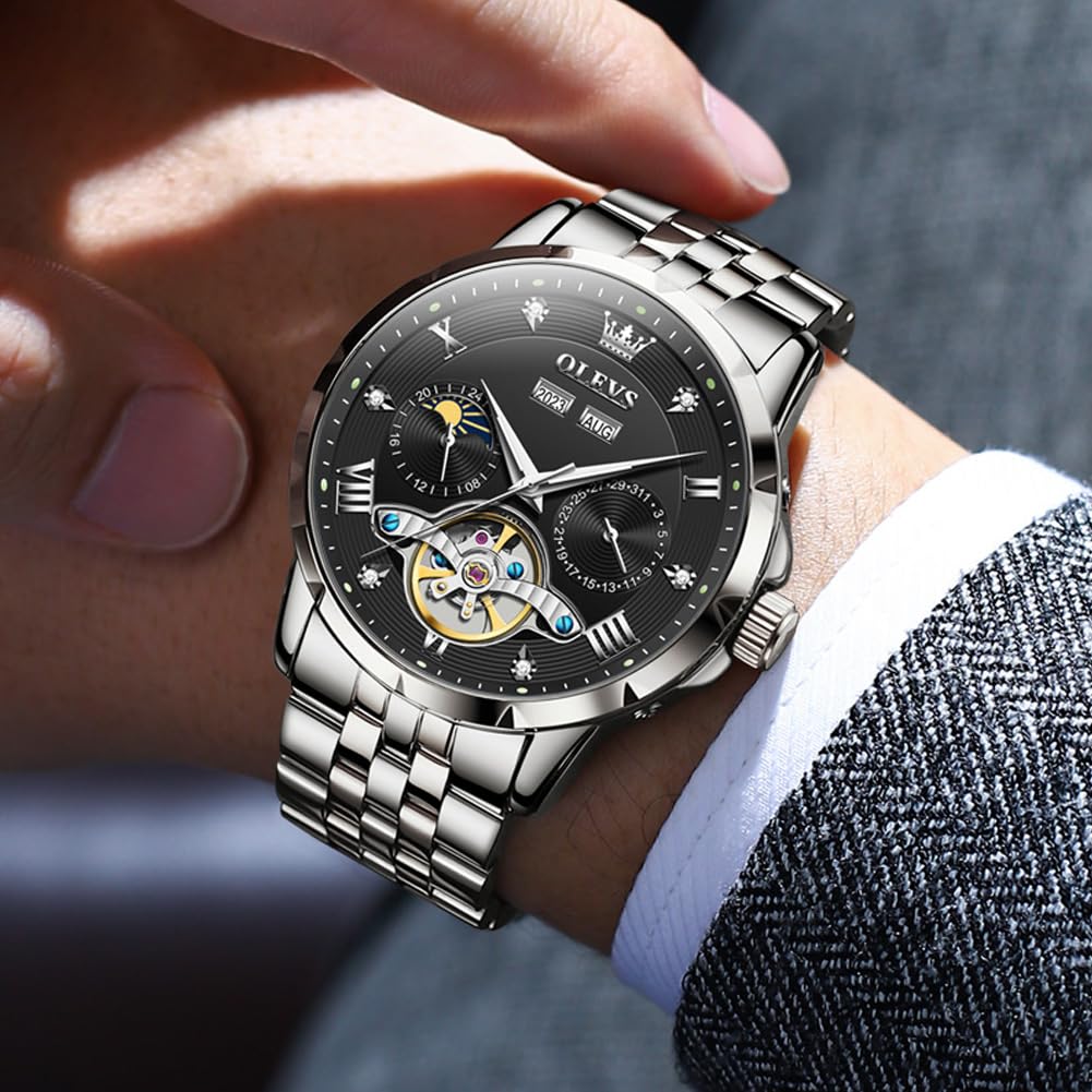 OLEVS механические автоматические часы с фазами Луны стильные скелетонированные водонепроницаемые популярные светящиеся часы для мужчин черные белые мужские и