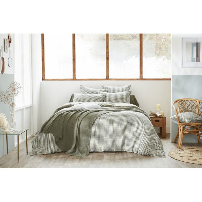 Housse de couette réversible "Vickie" Tissé-teint toutes dimensions "Gaze de Coton" - 240x220 - Romarin