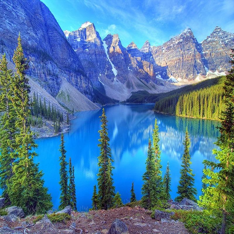 Природный пейзаж 3D Фотообои Снежная гора Лес Озеро Настенная роспись Гостиная Диван Телевизор Фон Обои