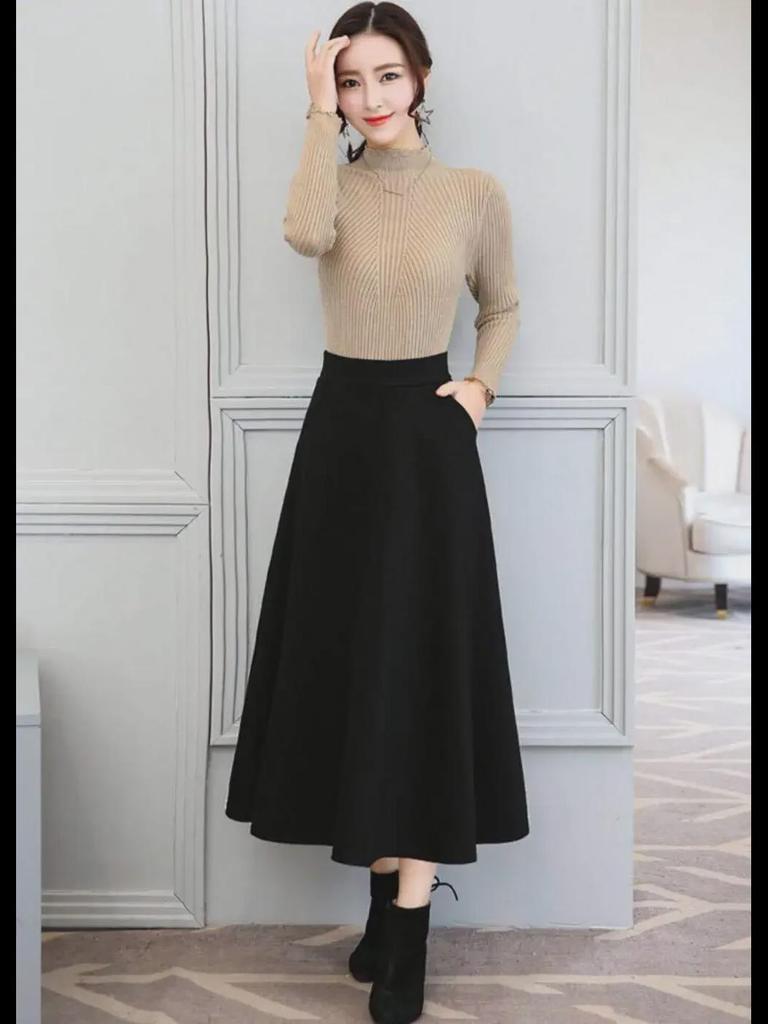 Юбка средней длины с высокой талией в корейском стиле для женщин на резинке