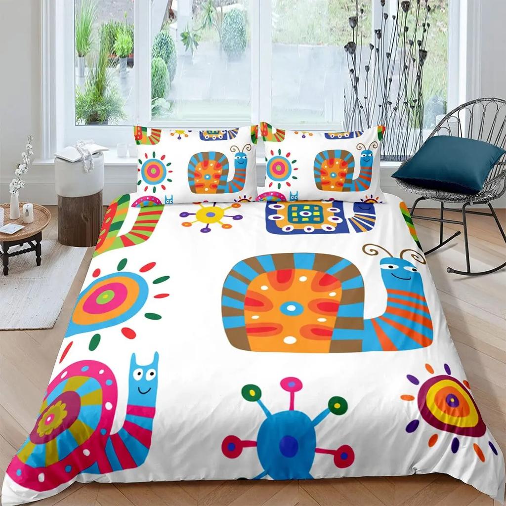 Colourful Snail Duvet Cover Set Cute Kawaii Animal Polyester Comforter Cover King Queen Size For Kids Boys Girls Bedding Set