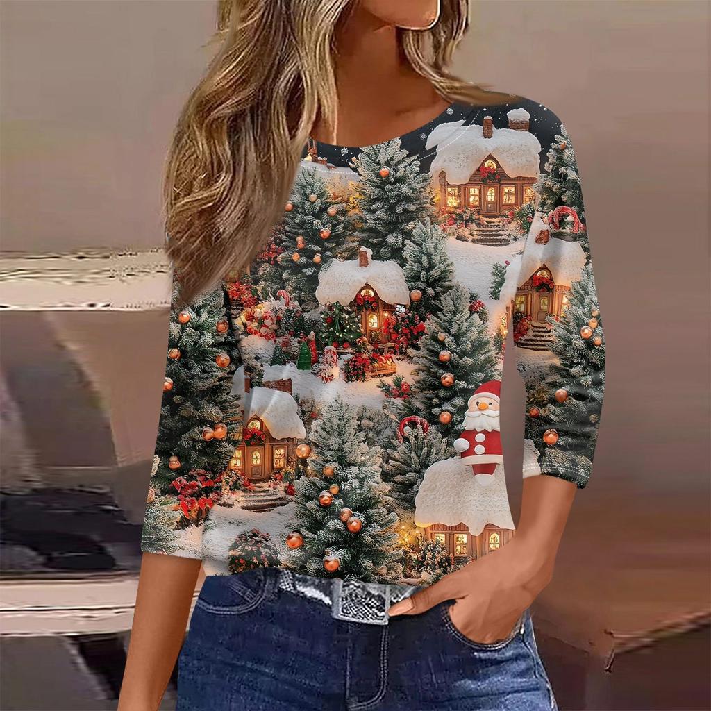 Женская футболка с рождественским принтом, рукав 3/4, повседневная, модная, на выходные, базовая, с круглым вырезом, стандартный топ