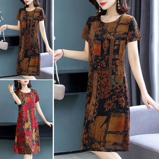 Летнее женское платье с принтом, короткими рукавами, круглым вырезом, плюс размер, свободный пуловер трапециевидной формы, длиной до колена, ретро-платье для свиданий, покупок, миди