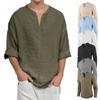 Cotton Linen V-neck Long Sleeve T-shirt for Men Casual Solid Color Lightweight Breathable Cozy Tops Male Fashion Tees
