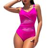 Women Monokini Deep V-Neck Sleeveless Slim Fit One-piece Bikini Solid Color Mesh Splicing Tummy Control Swimwear