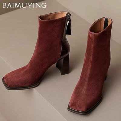 Замшевые женские ботильоны с квадратным носком, массивные модные туфли на высоком каблуке, 2025 год, дизайнерские туфли-лодочки, новые зимние гладиаторские туфли Botas De Mujer