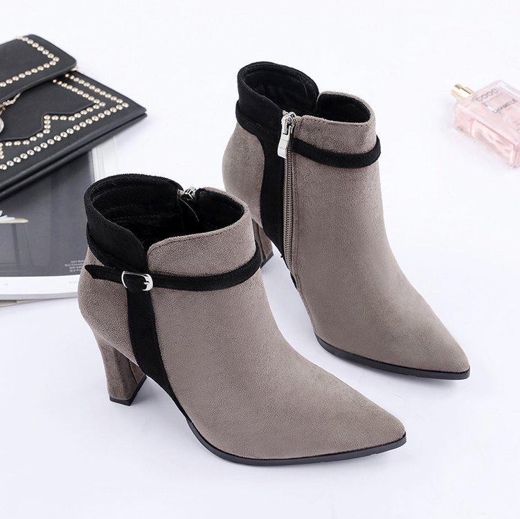 New Women's Shoes Suede Pointed Short Boots Thick Heel Belt Buckle High Heel Fashion Boots