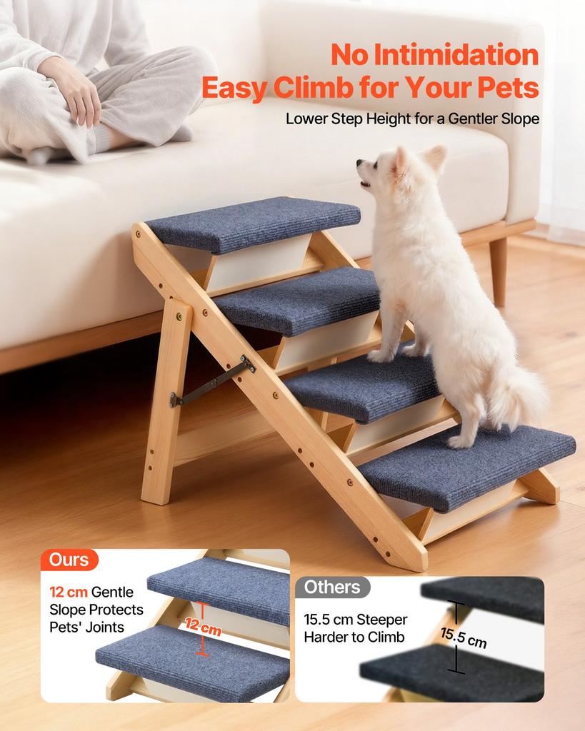 VEVOR Wood Pet Stairs, 4-Step Dog Stairs for Beds, Sofa & Cars, 68 kg Load Capacity, Floded Flat Design