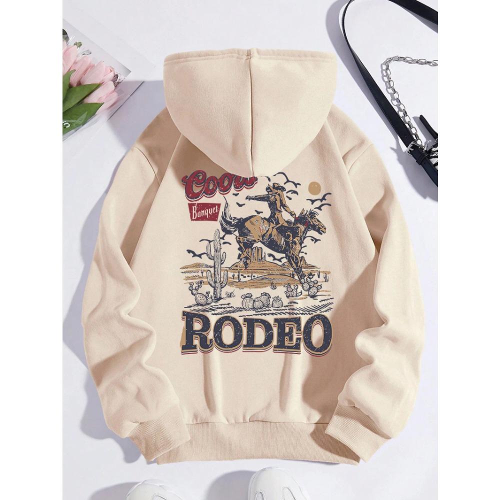 Rodeo Hoodie Women Vintage Cowboy Printing Hooded Warm Pocket Pullovers Autumn Winter Comfortable Woman Clothing