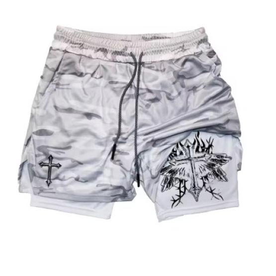 Muay Thai Kick Boxing MMA Shorts Cross Christian Camouflage God Men Women Unisex Double Layer Quick Dry Breathable Sport Gym Fitness Workout