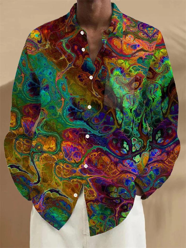 Trendy Geometric Patchwork Long Sleeve Shirt, Casual Button-Down for Daily Wear