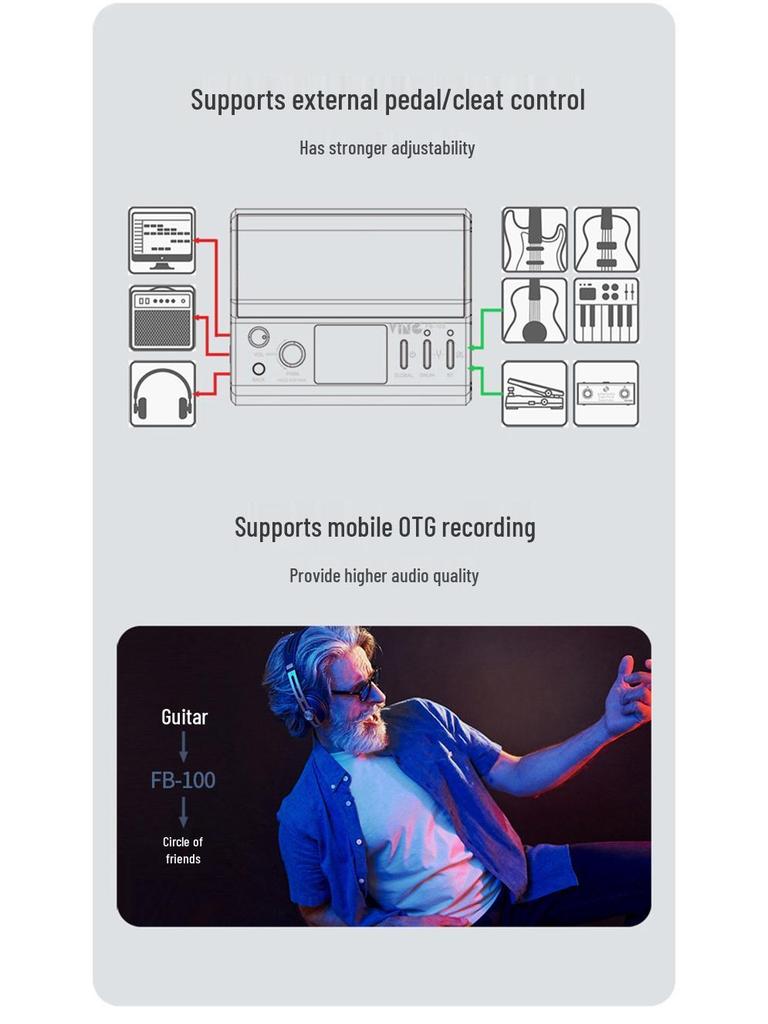 Ving FB100 Bluetooth Перезаряжаемый Электрогитарный Усилитель с Мультиэффектами, Портативный для Выступлений на Открытом Воздухе.
