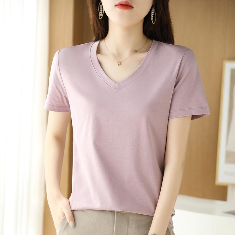 Summer New Mercerized Cotton Short-sleeved T-shirt V-neck Women's Heart-neck Top