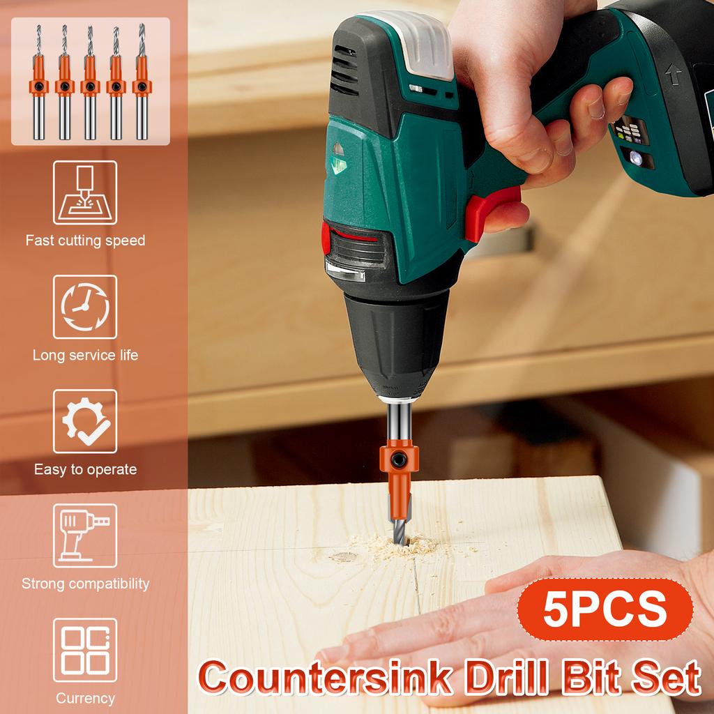 Countersink Drill Bit Set Adjustable Length Wear Resistant Punching Drill Bit Set Round Shank Drill Bit Kit Woodworking Tool