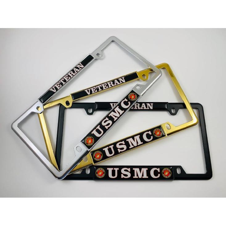 [Officially Licensed US Marine Corps Product] - USMC Veteran - Domed -Made Personalized Narrow (Thin) Top 4 Hole Metal Car License Plate Frame with