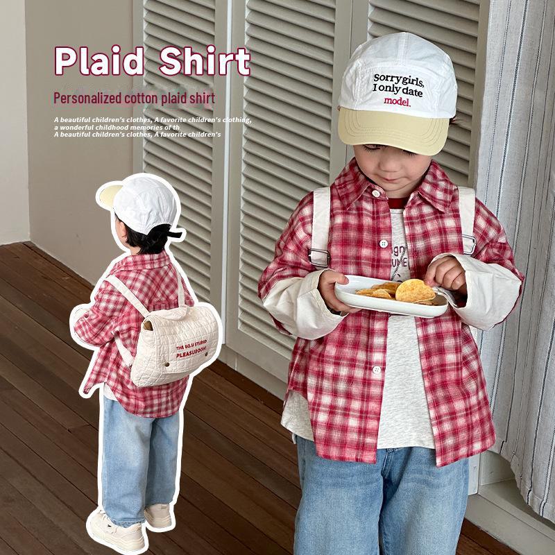 Детская рубашка с красными лацканами в клетку — в стиле колледжа, весна/осень 2025 г., комплект из двух предметов для мальчиков и девочек
