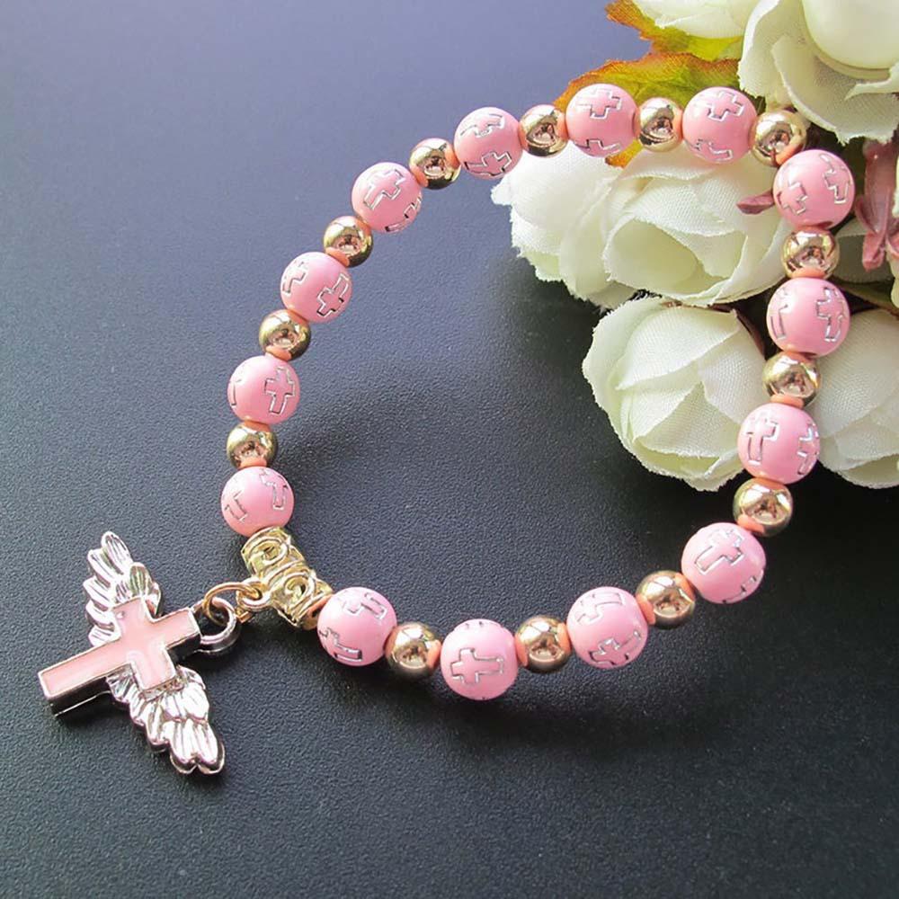 Exquisite Angel Wing Cross Rosary Bracelets Bronzing Acrylic Baptism Stretch Beaded Bracelets for Women Girls Religious Gift