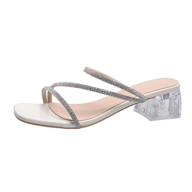 Крутые тапочки на высоком каблуке, женские, лето 2025, новая корейская версия, модные феи, стразы, средний каблук, модные тапочки