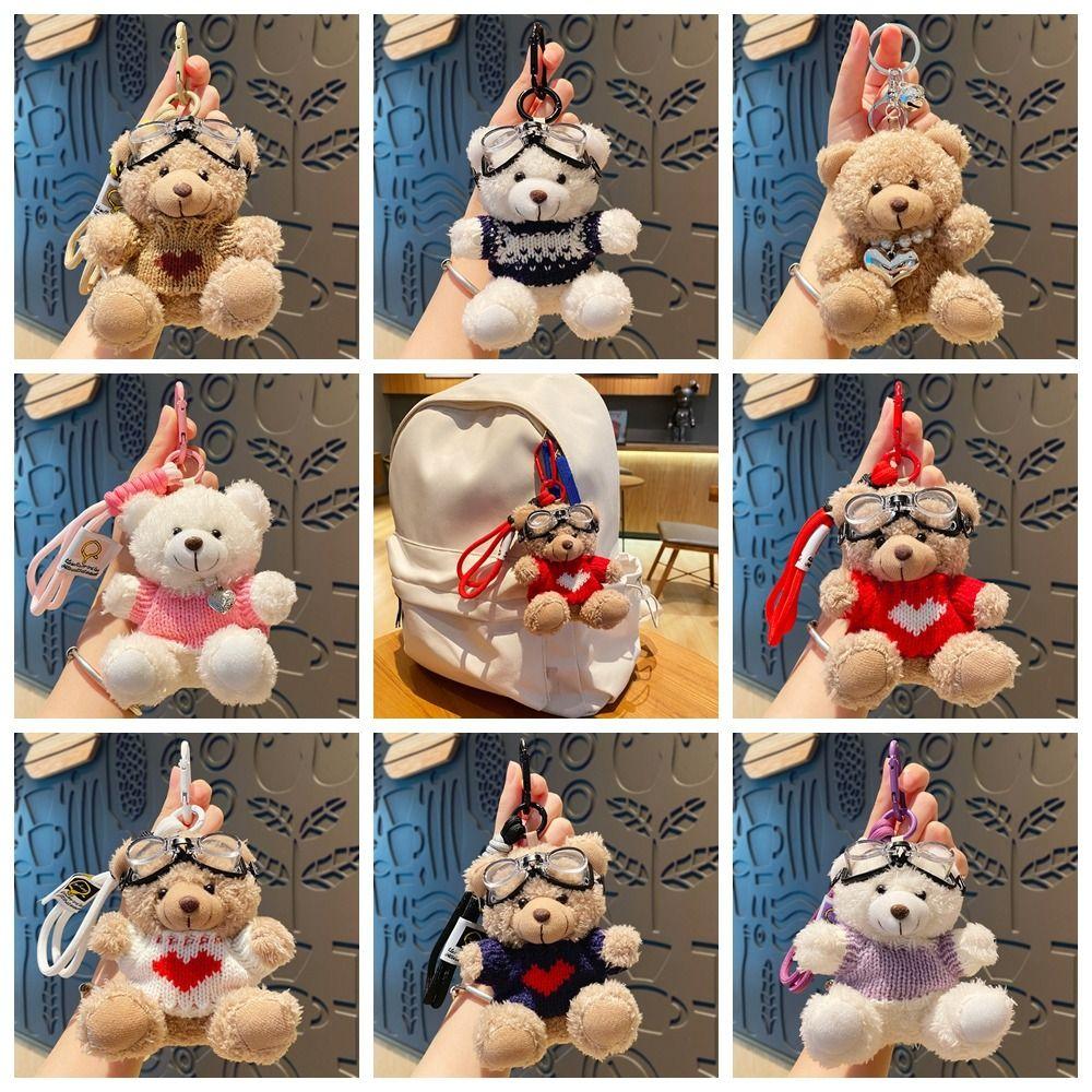 Pearl Plush Bear Key Ring Goggles Stuffed Animal Pendant Kawaii Pilot Bear Keychain Men