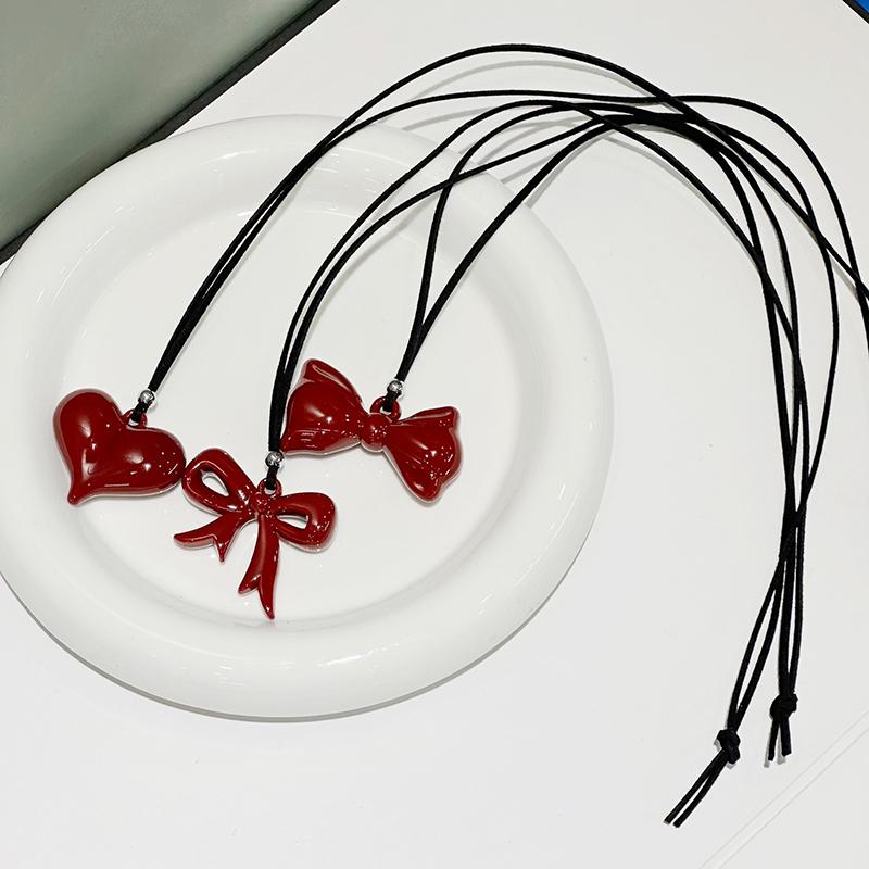 Simple Versatile Red Heart Bowknot Necklace For Women Girls Big Heart Pendant Necklaces Jewelry Accessories Gifts