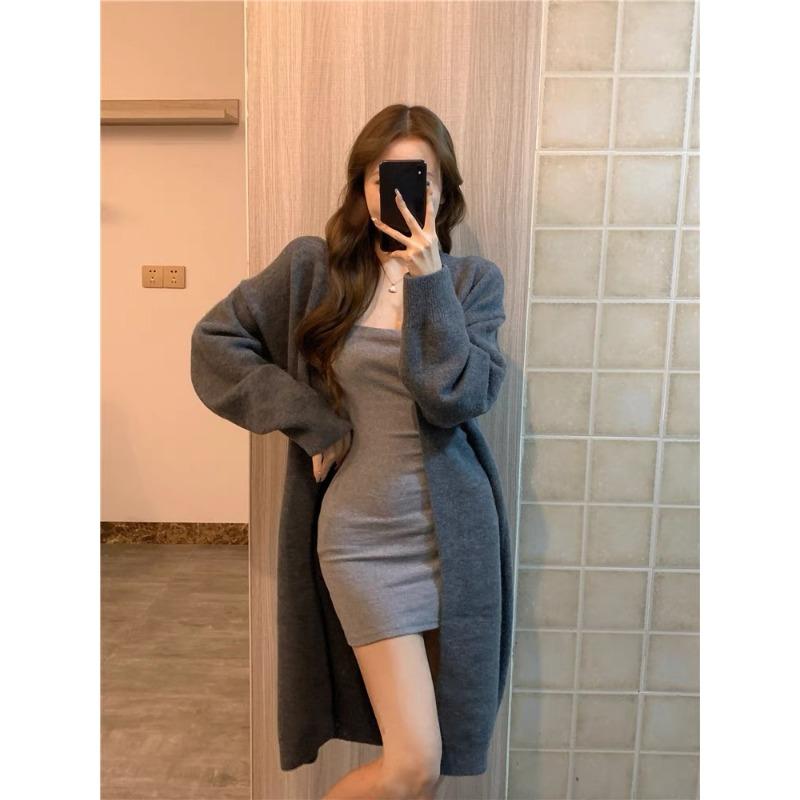 Модный супер красивый свитер женский осенне-зимний ленивый гонконгский стиль ретро шик средней длины длинный вязаный кардиган пальто