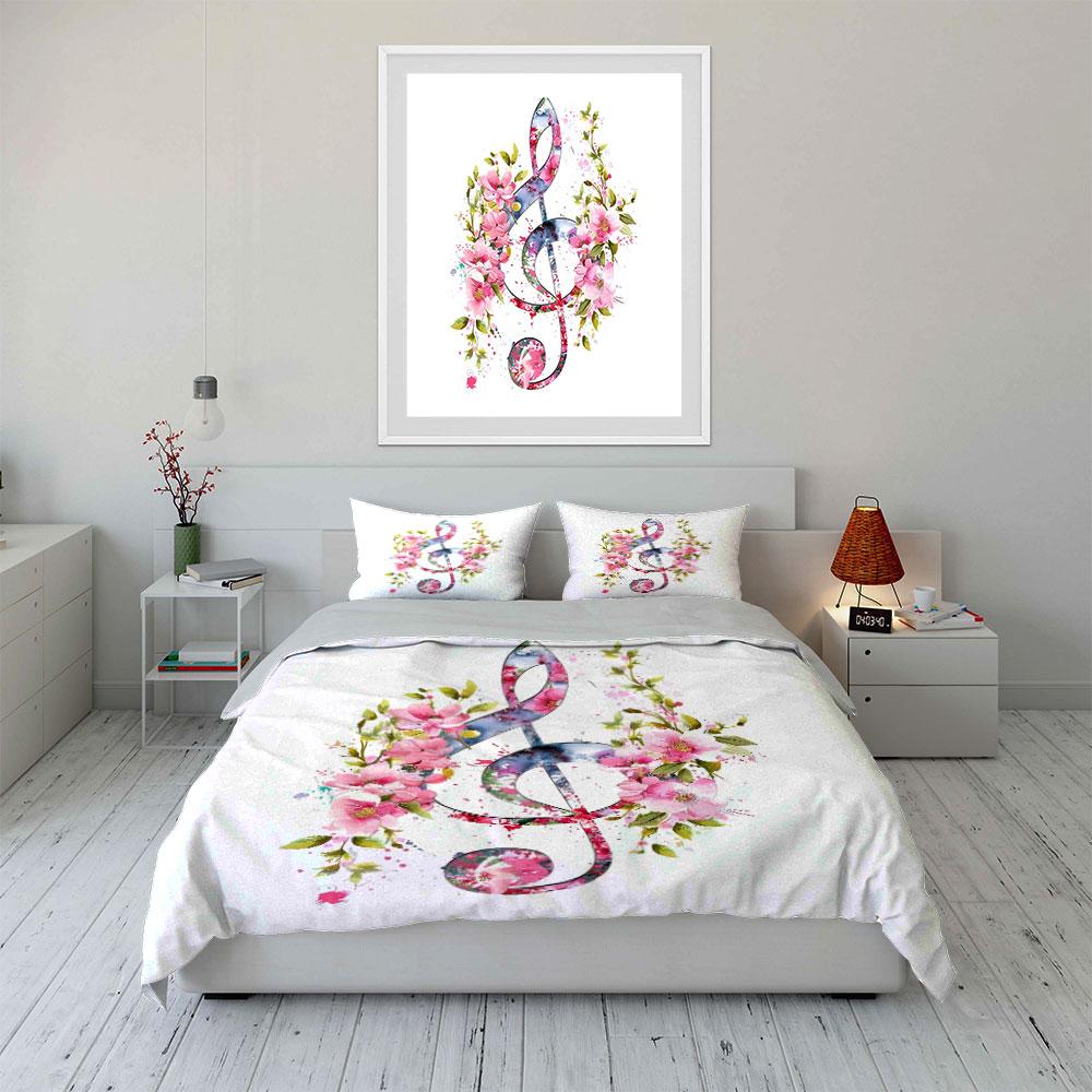Floral Music Note Design Bedding Duvet Cover Set (1*Duvet Cover 2*Pillowcases, without duvet insert)