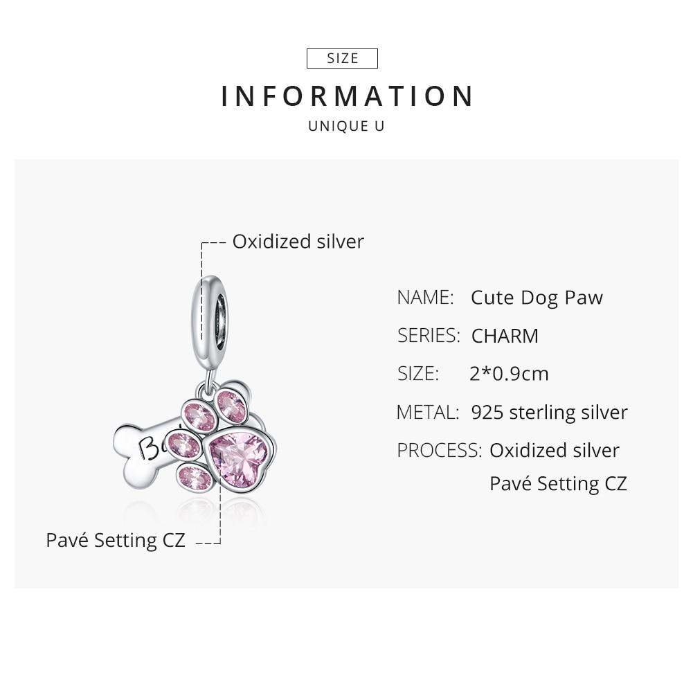 WOSTU Real 925 Sterling Silver Dog Paw Footprint Bead Pink Zircon Bone Charm Fit Original Bracelet Pendant Jewelry