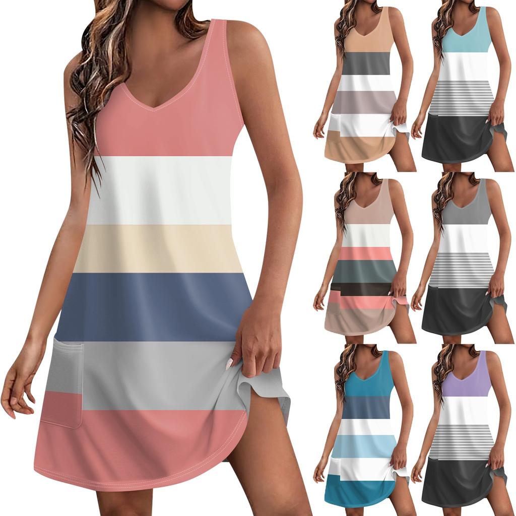 Women's Casual Print Summer Bohemian Beach Dress With Pockets V Neck Tank Dress