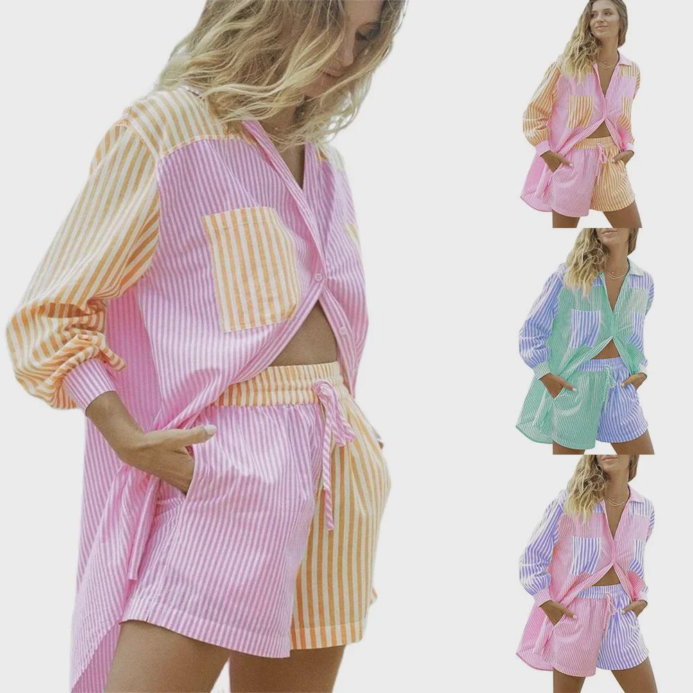 European-American Striped Lapel Shirt Suit with Shorts: Women's Casual Loose-Fit, Single-Breasted, Pocket Design